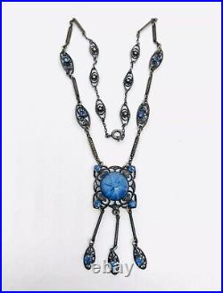 Art Deco Faux Star Sapphire Glass & Blue Rhinestone Necklace Vintage Jewelry