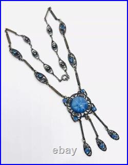 Art Deco Faux Star Sapphire Glass & Blue Rhinestone Necklace Vintage Jewelry