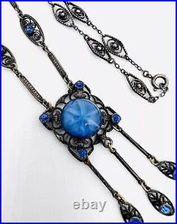 Art Deco Faux Star Sapphire Glass & Blue Rhinestone Necklace Vintage Jewelry