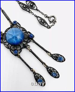 Art Deco Faux Star Sapphire Glass & Blue Rhinestone Necklace Vintage Jewelry