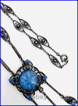 Art Deco Faux Star Sapphire Glass & Blue Rhinestone Necklace Vintage Jewelry