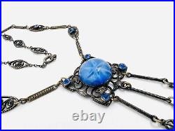 Art Deco Faux Star Sapphire Glass & Blue Rhinestone Necklace Vintage Jewelry