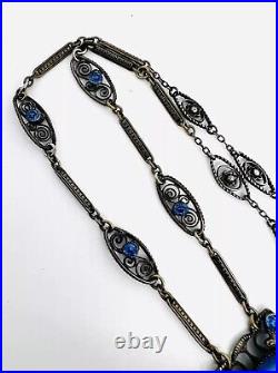 Art Deco Faux Star Sapphire Glass & Blue Rhinestone Necklace Vintage Jewelry