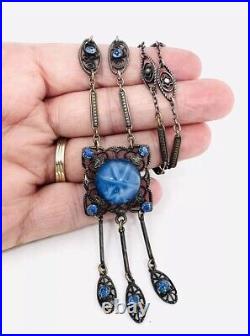 Art Deco Faux Star Sapphire Glass & Blue Rhinestone Necklace Vintage Jewelry