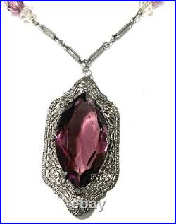 Art Deco Filagree Sterling Pink Stone Necklace