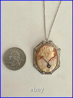 Art Deco Filigree Cameo Solid 14k Diamond Pendant/pin, Sterling Chain Necklace