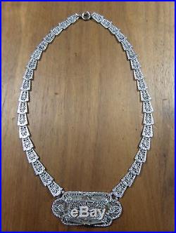 Art Deco Filigree Camphor Glass Pendant Necklace Rhodium Plated