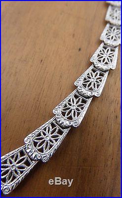 Art Deco Filigree Camphor Glass Pendant Necklace Rhodium Plated