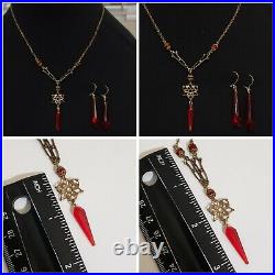 Art Deco Filigree Czech Garnet Glass Lavaliere Necklace & Earrings