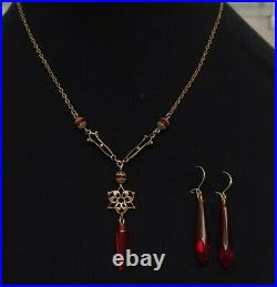 Art Deco Filigree Czech Garnet Glass Lavaliere Necklace & Earrings