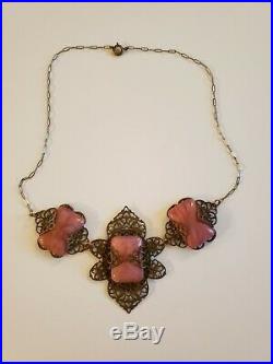 Art Deco Filigree Czech Glass Lavaliere Necklace