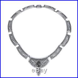 Art Deco Filigree Lavalier Necklace Rhodium Plate Foil Back Glass Paste Antique