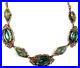 Art Deco Filigree Necklace w Unusual Molded Czech Green Vauxhall & Givre Glass