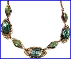 Art Deco Filigree Necklace w Unusual Molded Czech Green Vauxhall & Givre Glass