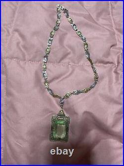 Art Deco Filigree Steel & Green Glass Faceted Stone & Rhinestone Necklace 14.5
