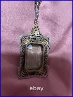 Art Deco Filigree Steel & Green Glass Faceted Stone & Rhinestone Necklace 14.5