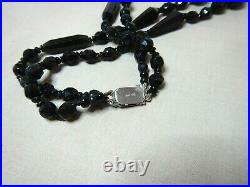 Art Deco French Black Crystal Necklace Marcasite Clasp Double String Sn841