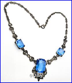 Art Deco German Blue Paste Lead glass marcasite sterling silver antique necklace