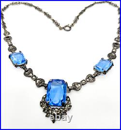 Art Deco German Blue Paste Lead glass marcasite sterling silver antique necklace