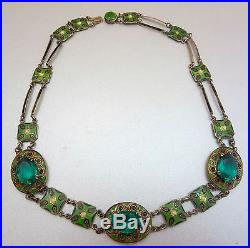 Art Deco Gilded Sterling Silver Norway Enamel Paste Crystal Seed Pearl Necklace