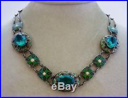 Art Deco Gilded Sterling Silver Norway Enamel Paste Crystal Seed Pearl Necklace
