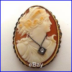 Art Deco Gold Filled Diamond Habille Necklace Carved Cameo Brooch Pin Pendant