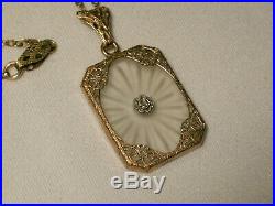 Art Deco Gold Filled Filigree, Center Diamond Camphor Glass Pendant Necklace
