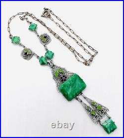 Art Deco Green Art Glass & Enamel Rhodium Filigree Necklace Vintage Jewelry