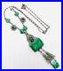 Art Deco Green Art Glass & Enamel Rhodium Filigree Necklace Vintage Jewelry