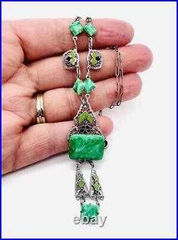 Art Deco Green Art Glass & Enamel Rhodium Filigree Necklace Vintage Jewelry