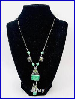 Art Deco Green Art Glass & Enamel Rhodium Filigree Necklace Vintage Jewelry