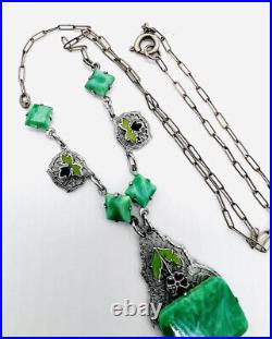 Art Deco Green Art Glass & Enamel Rhodium Filigree Necklace Vintage Jewelry