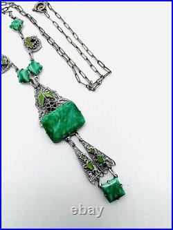 Art Deco Green Art Glass & Enamel Rhodium Filigree Necklace Vintage Jewelry