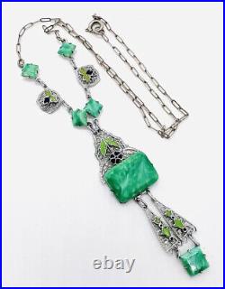 Art Deco Green Art Glass & Enamel Rhodium Filigree Necklace Vintage Jewelry