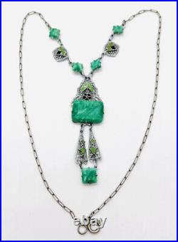 Art Deco Green Art Glass & Enamel Rhodium Filigree Necklace Vintage Jewelry