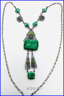 Art Deco Green Art Glass & Enamel Rhodium Filigree Necklace Vintage Jewelry