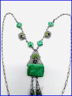 Art Deco Green Art Glass & Enamel Rhodium Filigree Necklace Vintage Jewelry