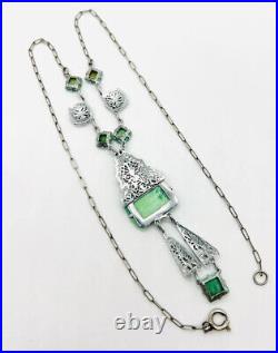 Art Deco Green Art Glass & Enamel Rhodium Filigree Necklace Vintage Jewelry