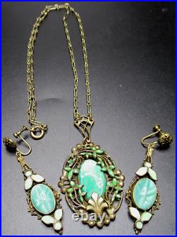 Art Deco Green Glass & Enamel Antique Necklace Earring Set