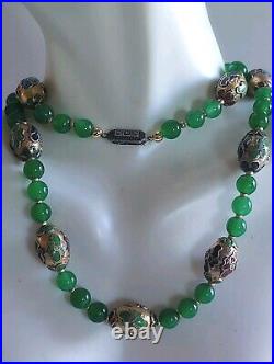 Art Deco Green Jadeite Champleve Cloisonne 830 Silver Marcasites Clasp Necklace