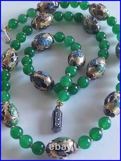 Art Deco Green Jadeite Champleve Cloisonne 830 Silver Marcasites Clasp Necklace