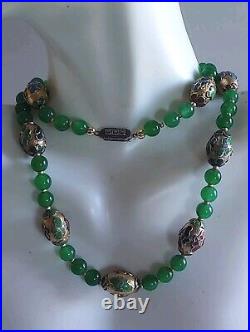 Art Deco Green Jadeite Champleve Cloisonne 830 Silver Marcasites Clasp Necklace