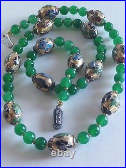 Art Deco Green Jadeite Champleve Cloisonne 830 Silver Marcasites Clasp Necklace