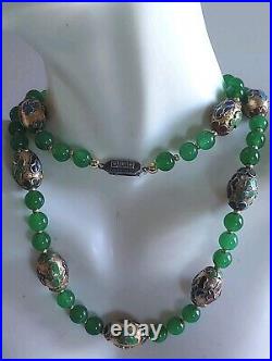 Art Deco Green Jadeite Champleve Cloisonne 830 Silver Marcasites Clasp Necklace