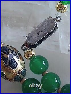 Art Deco Green Jadeite Champleve Cloisonne 830 Silver Marcasites Clasp Necklace