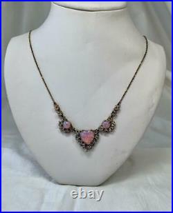 Art Deco Heart Valentine Necklace Pink AB Rhinestone c1920 Romantic