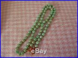 Art Deco Heavy 14k Gold Coral Clasp, Green Jadeite Jade Beads Necklace 31'