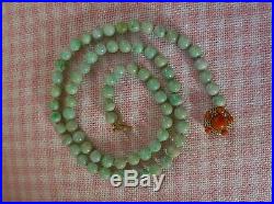 Art Deco Heavy 14k Gold Coral Clasp, Green Jadeite Jade Beads Necklace 31'