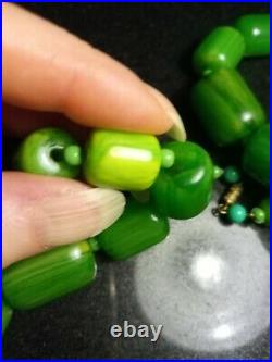 Art Deco Heavy Bakelite Green Marbled Barrel Bead Necklace 148 Grms Jewellery
