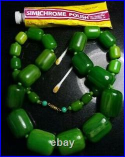Art Deco Heavy Bakelite Green Marbled Barrel Bead Necklace 148 Grms Jewellery
